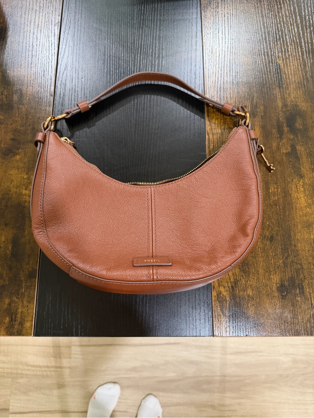Fossil Chestnut Leather Crescent Shoulder Bag